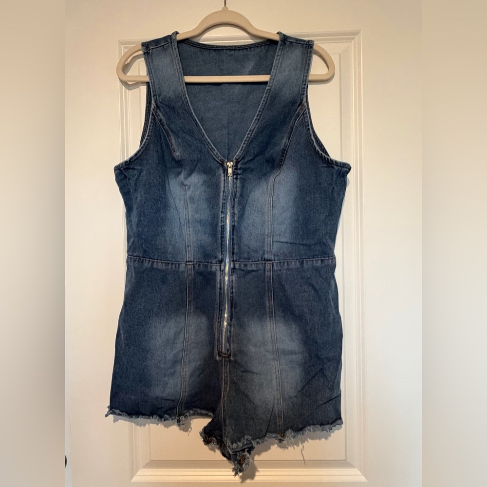 SHEIN Dark Wash Denim Zip-Front Romper